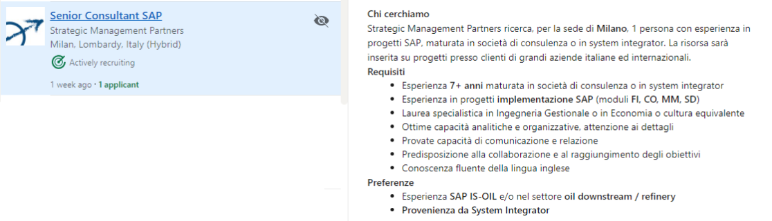 Esempio di lavoro per consulente funzionale senior con SAP IS